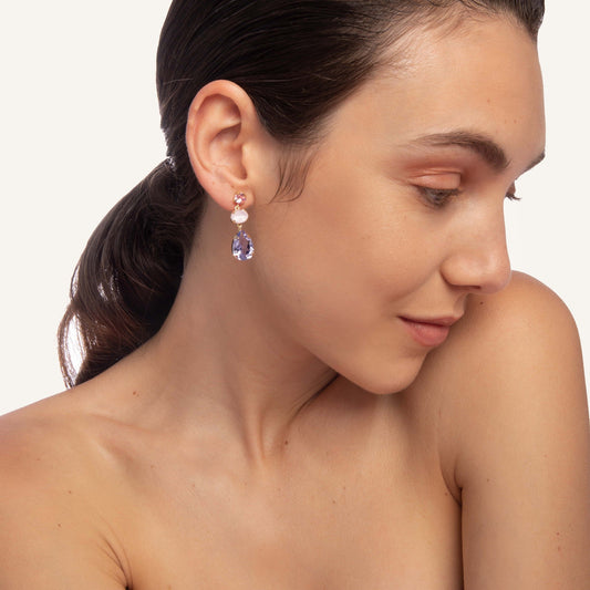 Pendientes largos Blooming lágrima cristal en Plata baño Oro
