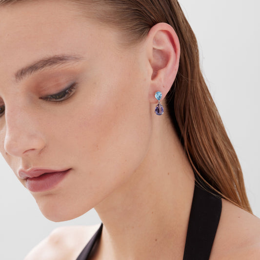 Pendientes cortos Glory lágrima cristal morado en Plata baño rodio