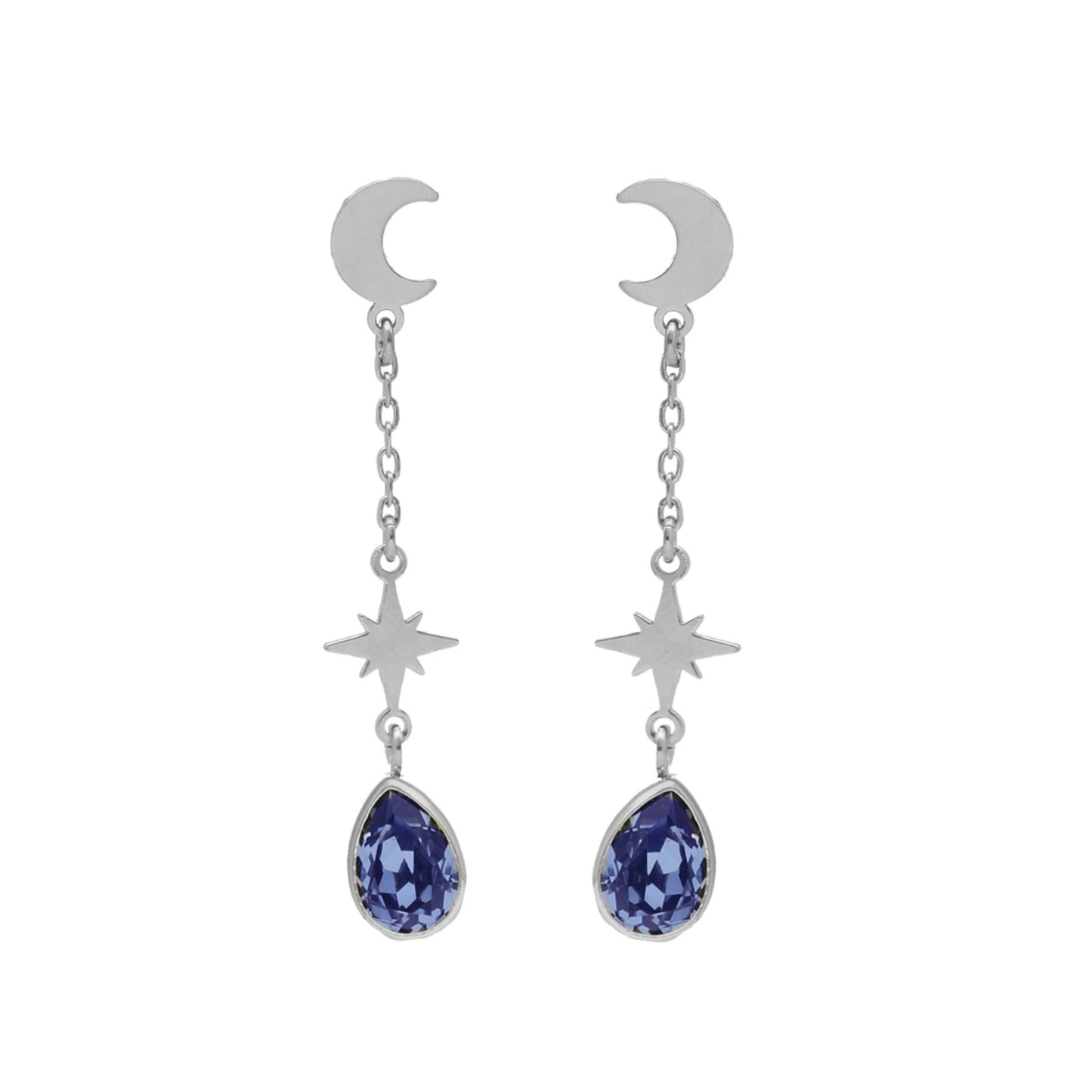 Pendientes largos Firmamento luna cristal azul en Plata