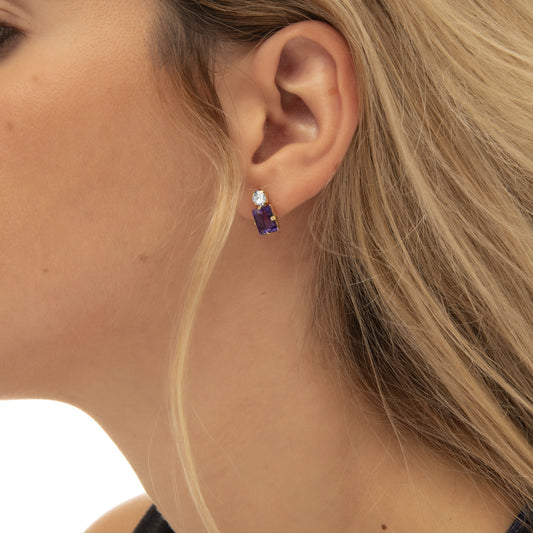 Pendientes botón Serenity rectángulo cristal morado en Plata baño Oro