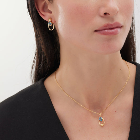 Pendientes cortos ovalo Buongiorno con cristal azul en Plata baño Oro