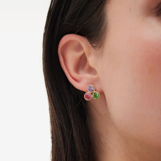 Pendientes botón Bom Dia con cristal multicolor en Plata baño Oro
