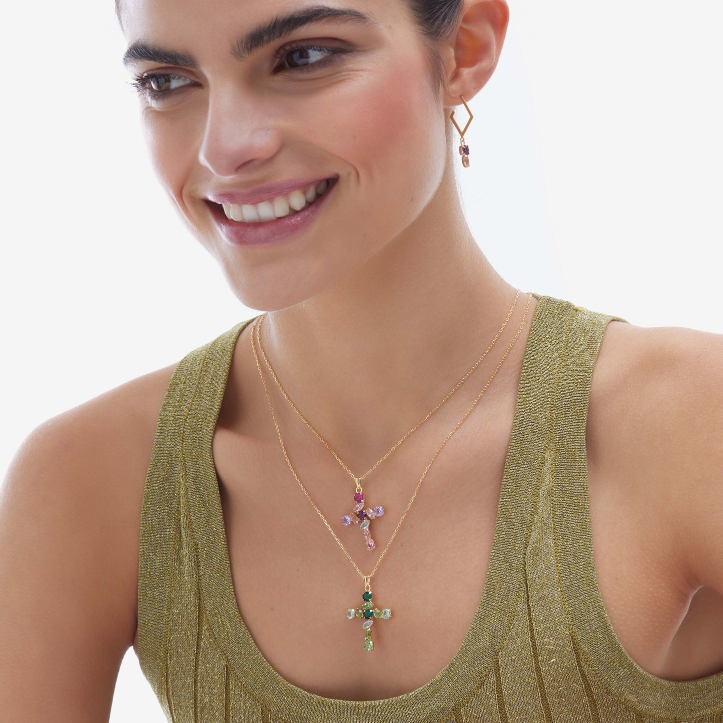 Pendientes aro Paris rombo cristal en Plata baño Oro