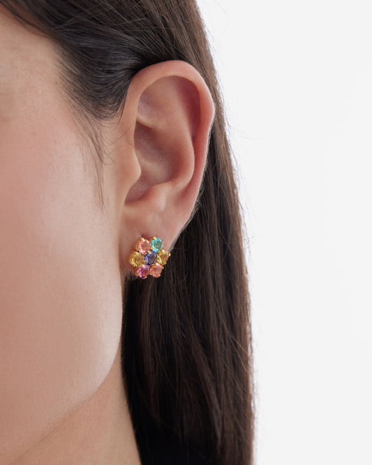 Pendientes cortos Fleur flor con cristal multicolor en Plata baño Oro