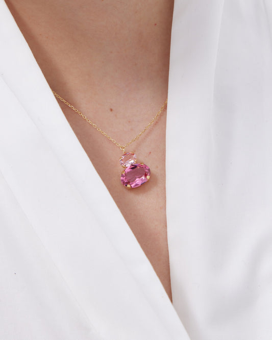 Collar corto Eau con cristal rosa en Plata baño Oro