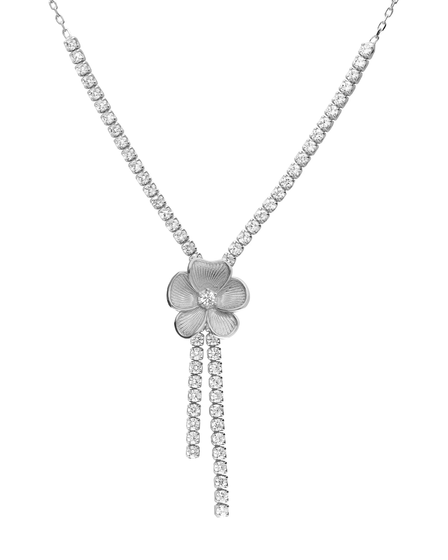 Collar largo Origami flor con cristales riviere en Plata