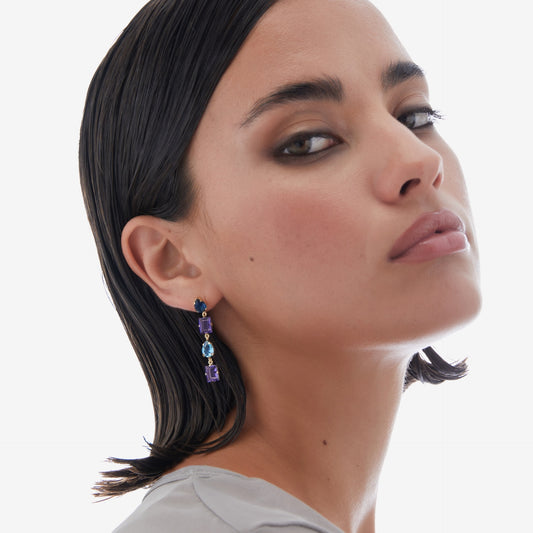 Pendientes largos Balance cristal morado en Plata