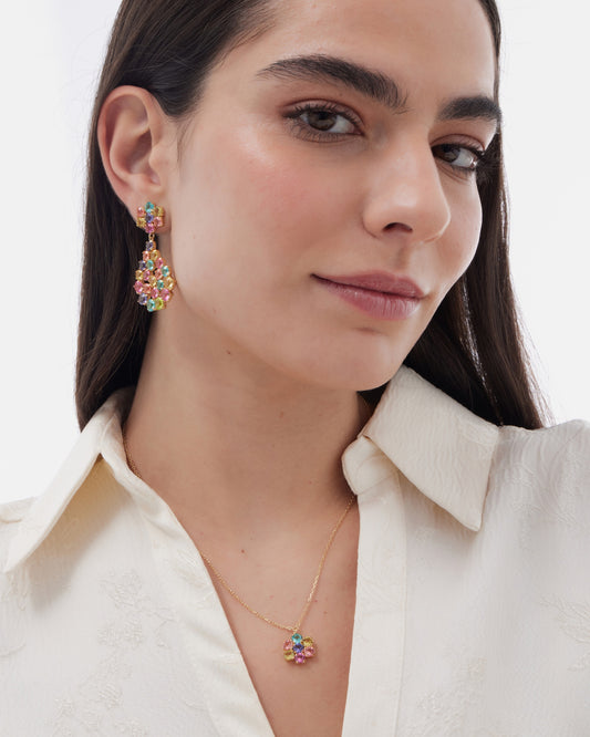 Pendientes largos Fleur lágrima con cristal multicolor en Plata baño Oro