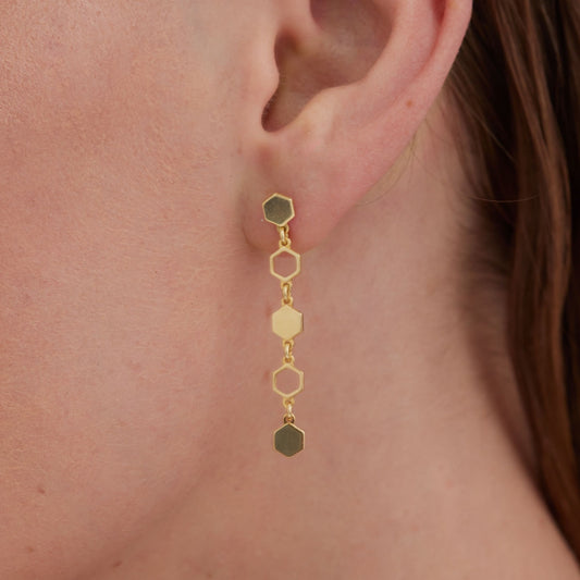 Pendientes largos Honey hexagonal en Plata baño Oro