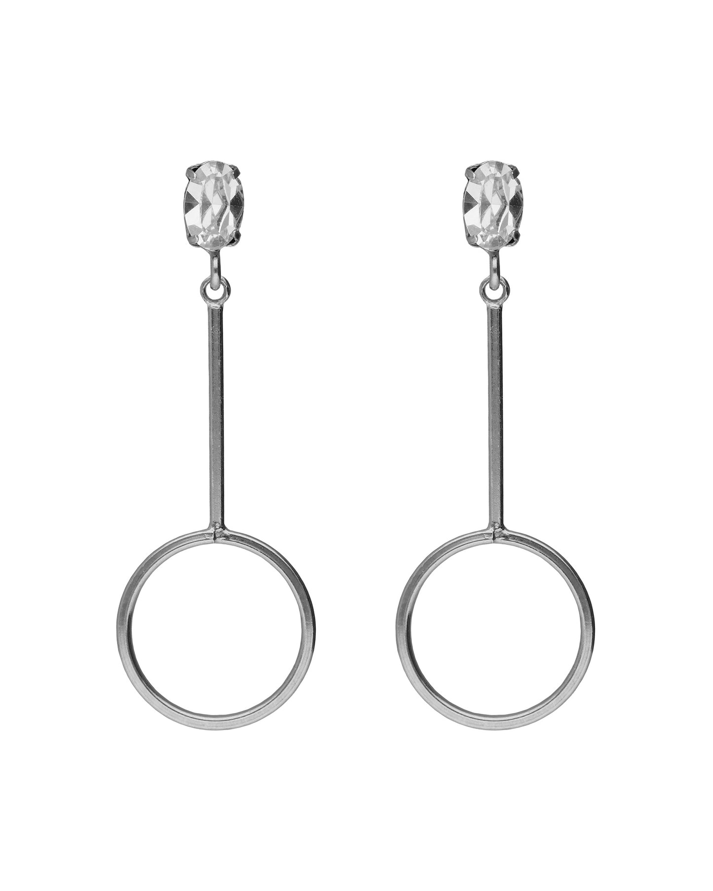 Pendientes largos oval y círculo Lieve con cristal blanco en Plata