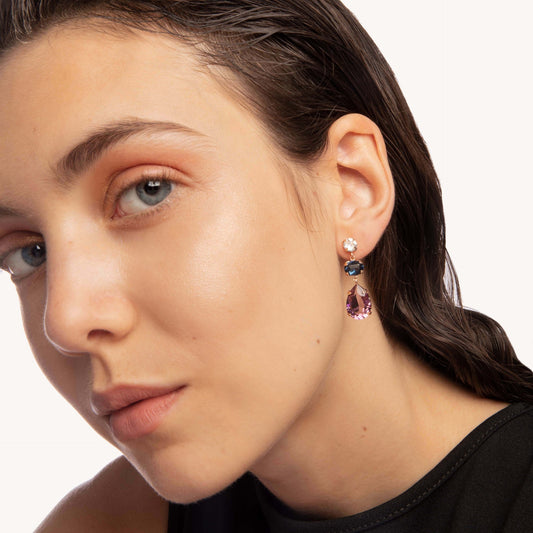 Pendientes largos Blooming lágrima cristal morado en Plata baño Oro Rosa