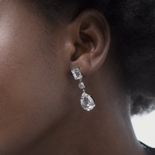 Pendientes largos Diana lágrima cristal en Plata baño rodio