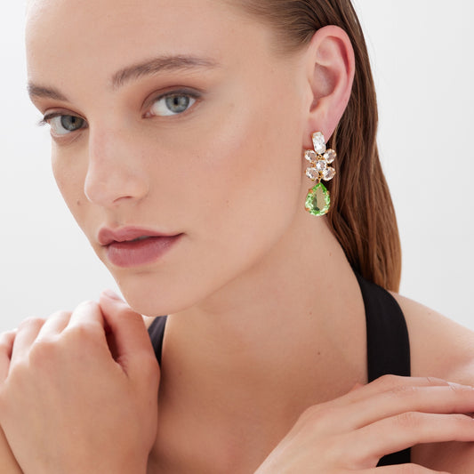 Pendientes largos Glory lágrima cristal en Plata baño Oro