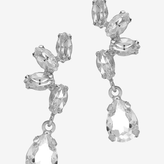 Pendientes cortos Grace flor cristal blanco en Plata baño rodio