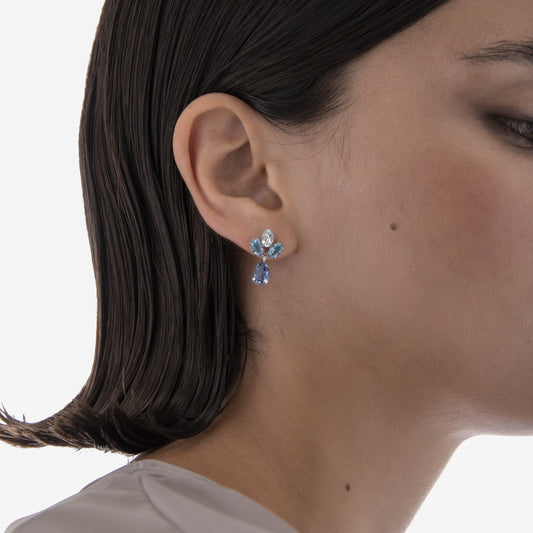 Pendientes cortos Harmony flor cristal azul en Plata baño rodio