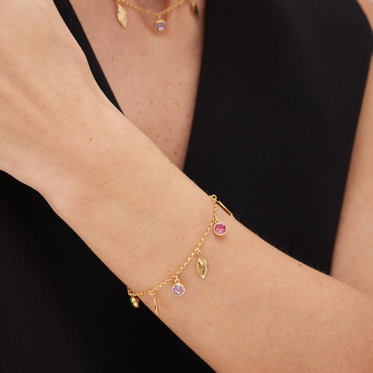 Pulsera hoja Bom Dia con cristal multicolor en Plata baño Oro