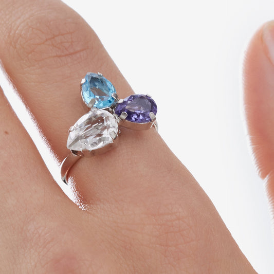 Anillo ajustable Glory lágrima cristal morado en Plata baño rodio