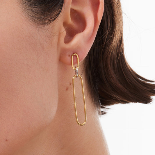 Pendientes largos Frame bicolor eslabón en Plata baño Oro y Rodio