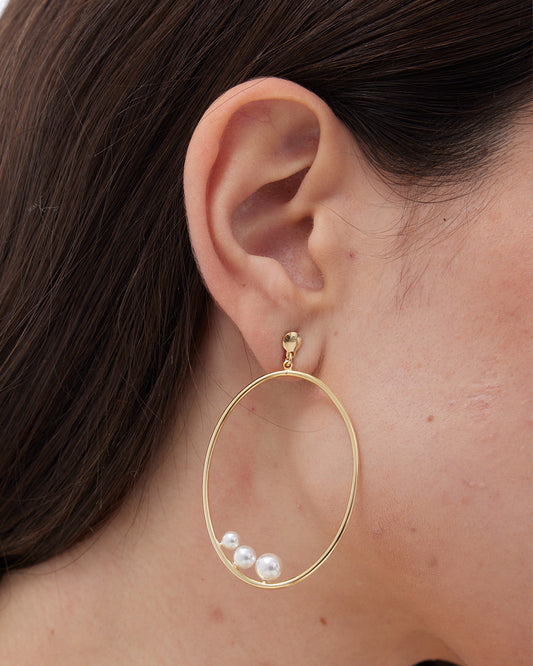 Pendientes largos Solene oval con perla en Plata baño Oro