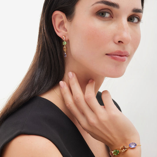 Pendientes largos God Morgen con cristal multicolor en Plata baño Oro