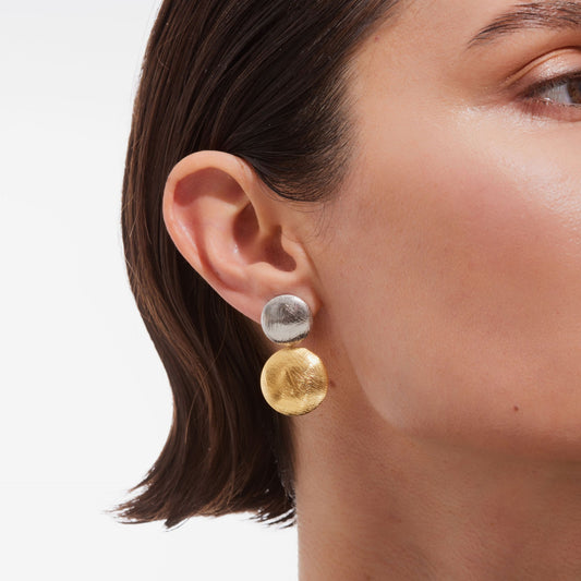 Pendientes cortos Zoom textura bicolor esferas en Plata baño Oro y Rodio