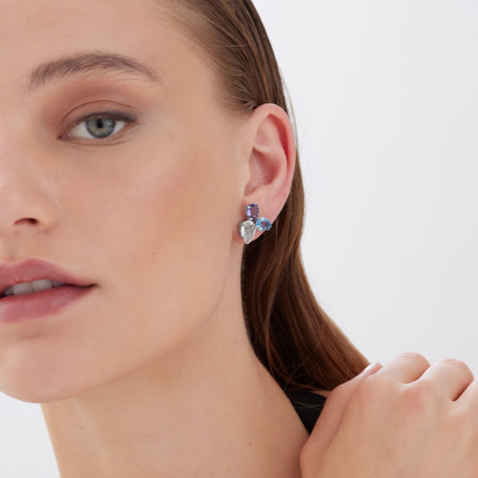 Pendientes cortos Glory lágrima cristal morado en Plata baño rodio