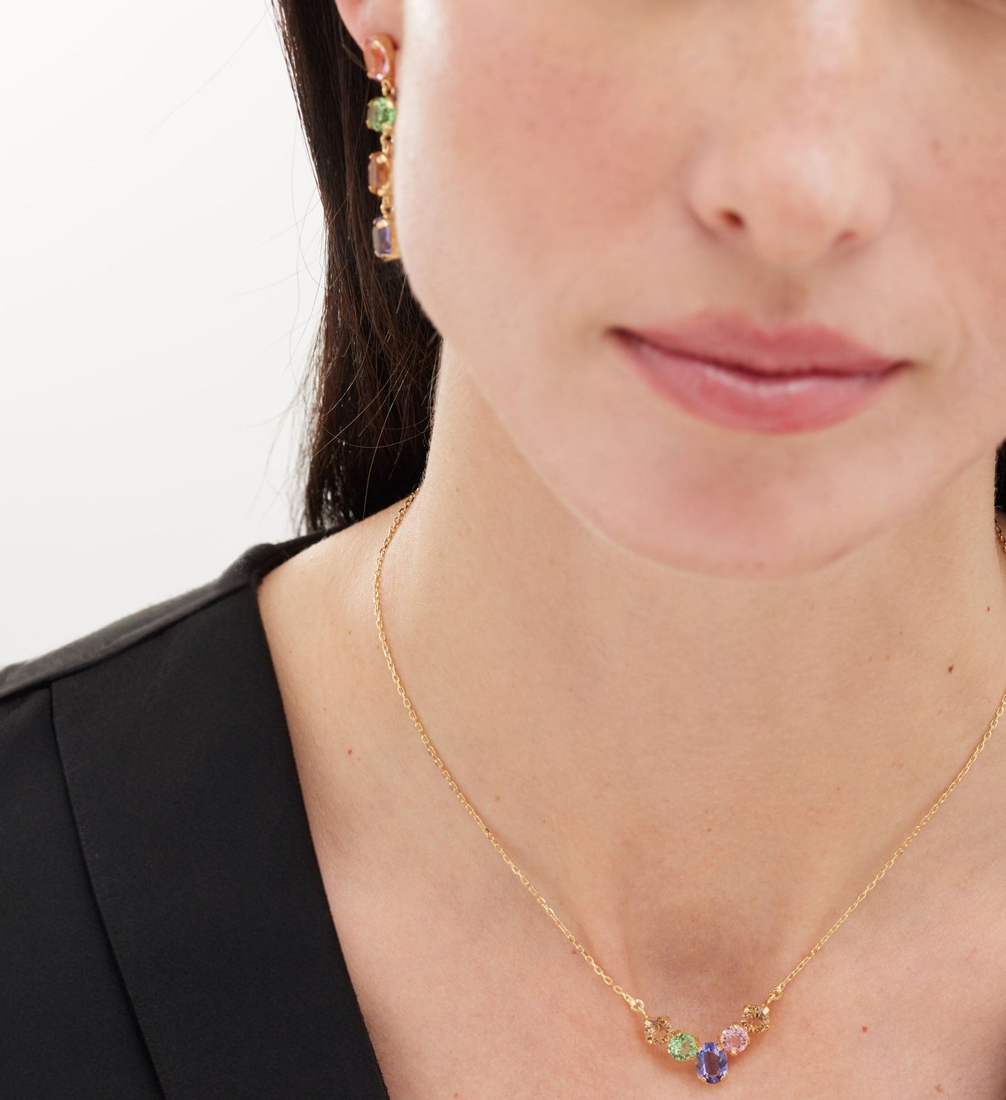 Gold-plated Sterling Silver God Morgen short necklace with multicolor crystal