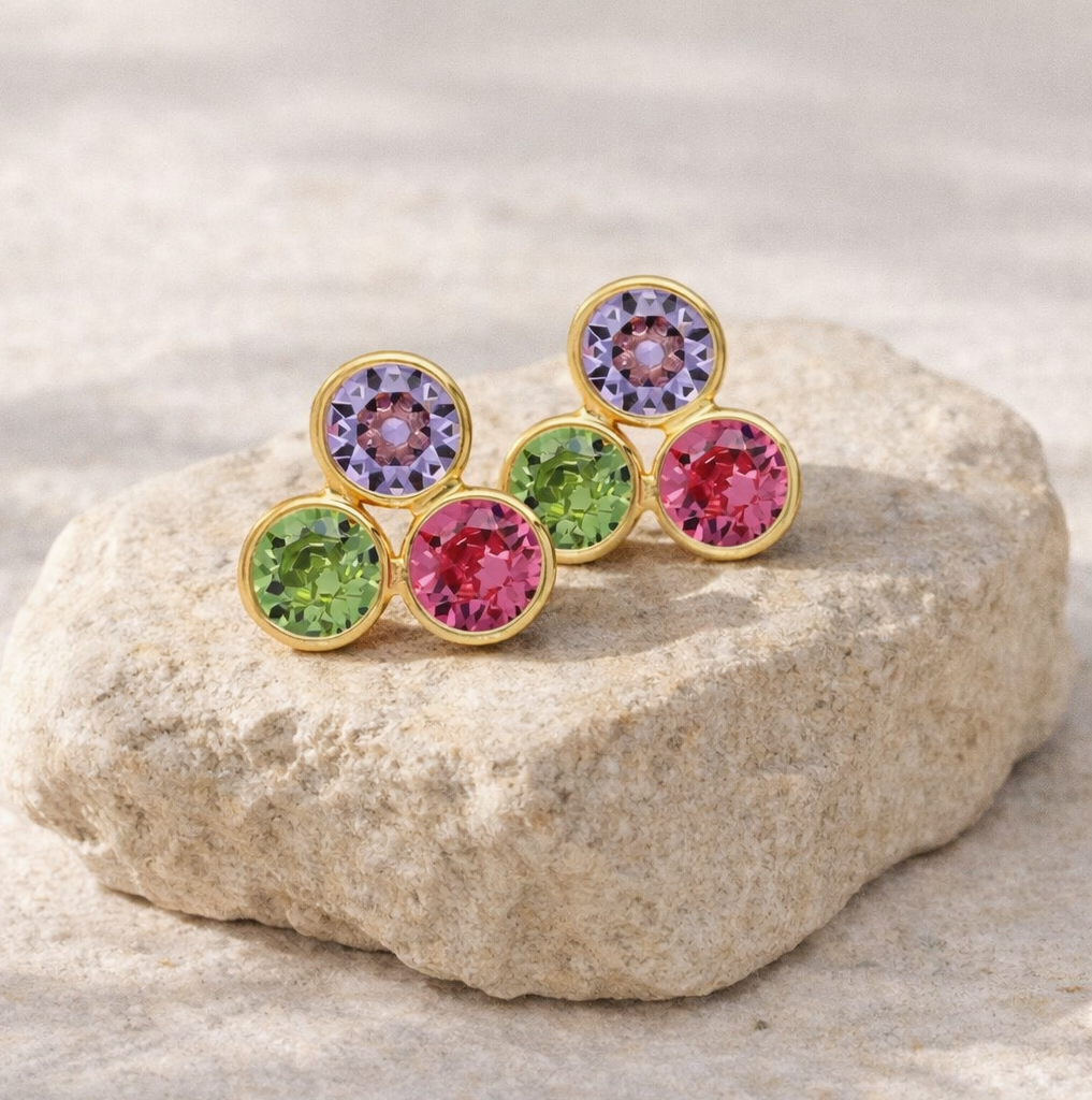 Pendientes botón Bom Dia con cristal multicolor en Plata baño Oro