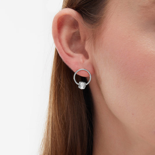 Pendientes botón Hoop círculo cristal en Plata baño rodio