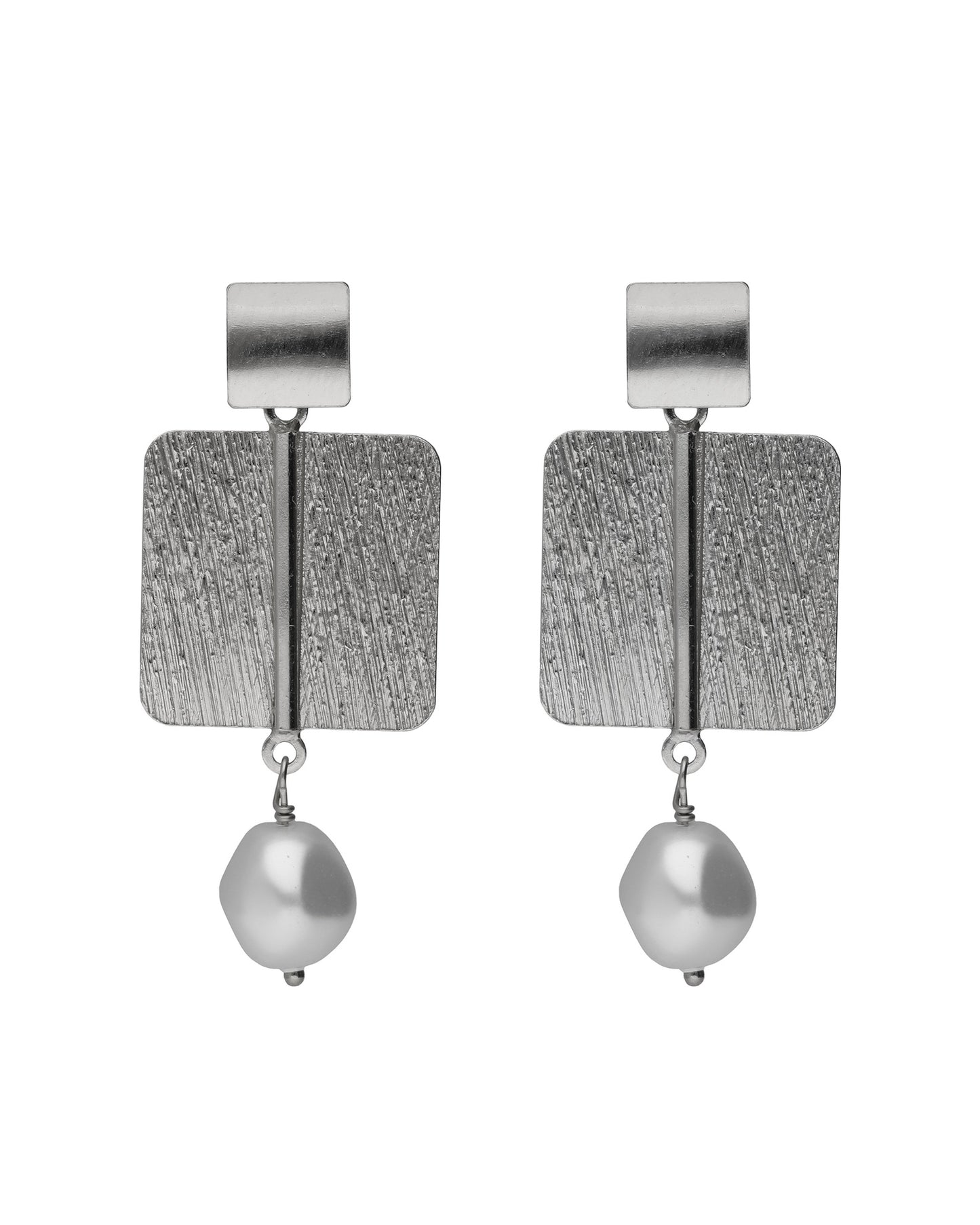 Pendientes largos textura cuadrado Sera con perla barroca en Plata