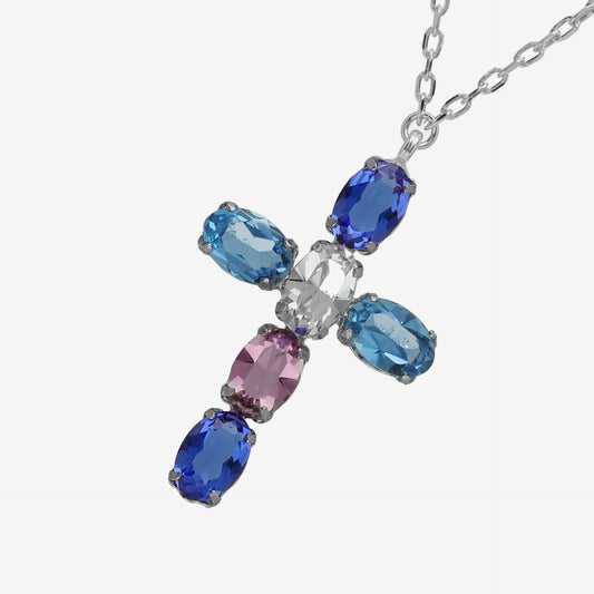 Collar corto Harmony cruz cristal azul en Plata baño rodio