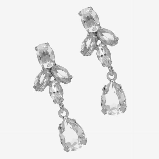 Pendientes cortos Grace oval cristal blanco en Plata baño rodio