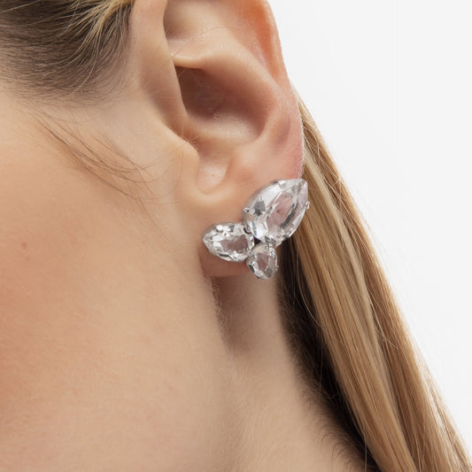Pendientes cortos Magnolia lágrima cristal blanco en Plata baño rodio