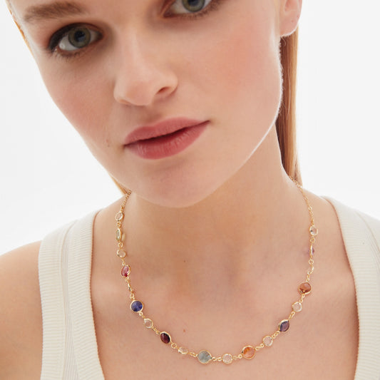 Collar corto Basic círculo 7 y 9mm cristal multicolor en Plata baño Oro