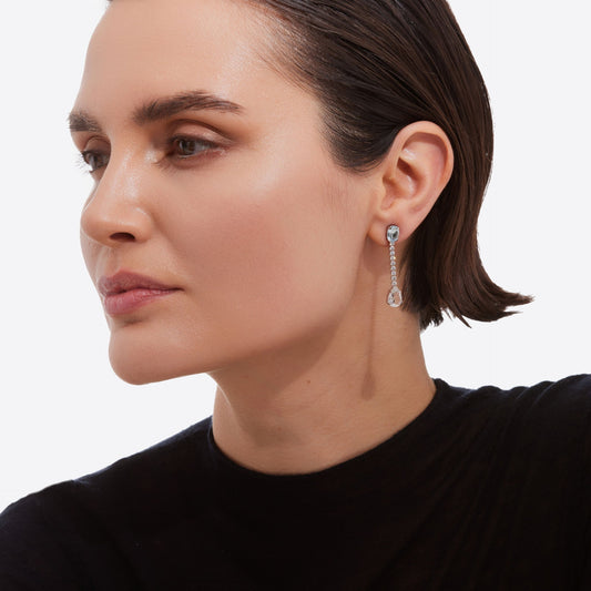 Pendientes largos Clarity cristales riviere y cristal azul en Plata baño Rodio