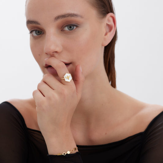Anillo ajustable Honey abeja nácar en Plata baño Oro