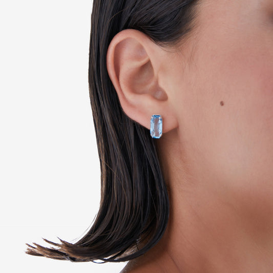 Pendientes botón Inspire rectángulo cristal azul en Plata baño rodio