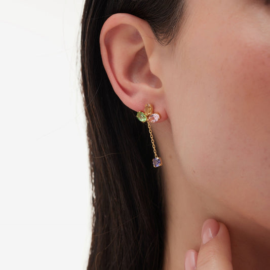 Pendientes largos God Morgen con cristal multicolor en Plata baño Oro