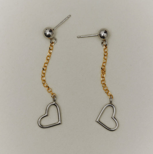 Pendientes largos bicolor corazón El Gesto en Plata baño Oro y Rodio