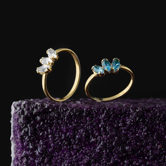 Anillo Estaciones hoja cristal en Plata baño Oro