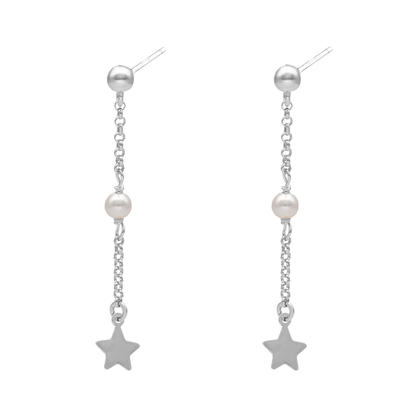 Pendientes largos Vera estrella Perla en Plata