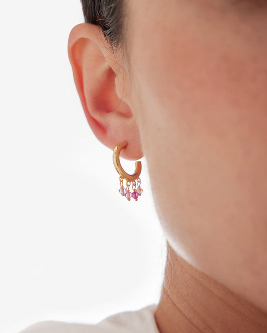 Pendientes aro 14mm Capri con cristal rosa en Plata baño Oro