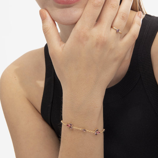 Pulsera Lia flor cristal rosa en Plata baño Oro