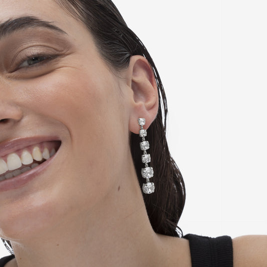 Pendientes largos Celine cristal blanco en Plata baño rodio