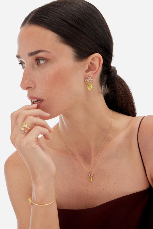 Pendientes largos flor Amalfi con cristal en Plata baño Oro