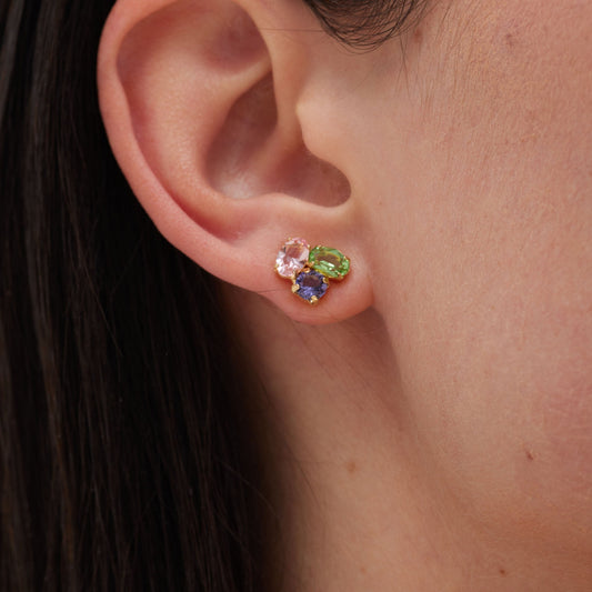 Pendientes botón God Morgen con cristal multicolor en Plata baño Oro