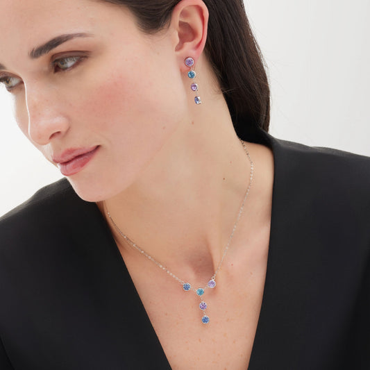 Pendientes largos Bom Dia con cristal multicolor en Plata baño Rodio