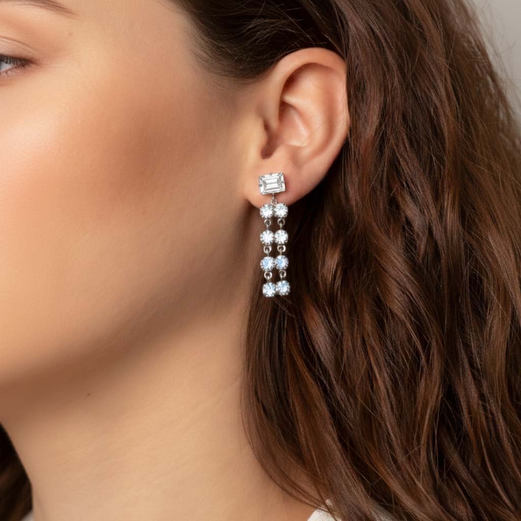 Pendientes largos Antonella cristal azul en Plata baño rodio