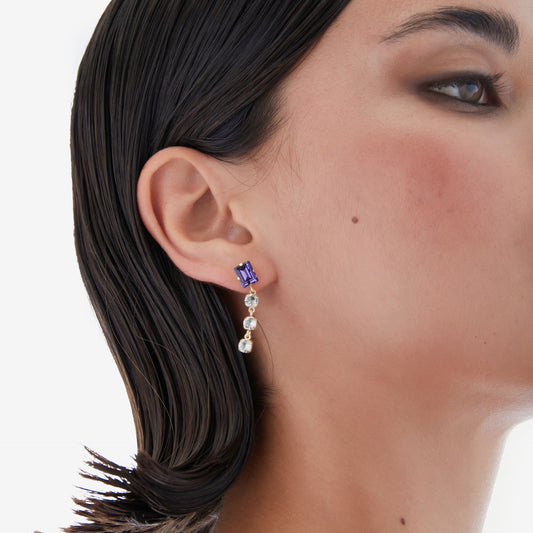 Pendientes largos Serenity rectángulo cristal morado en Plata baño Oro