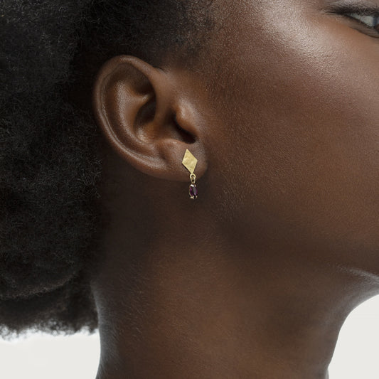Pendientes cortos Etnia textura rombo cristal morado en Plata